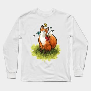 Fox with Butterlies Watercolor painting Long Sleeve T-Shirt